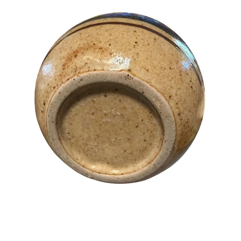 Vintage Studio Pottery Striped Bud Vase Tan Gray Speckled Stoneware Round 4in